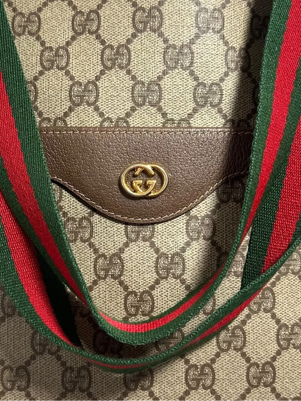 Gucci GG Supreme Canvas & Brown Leather Red Green Sherry Stripe Vintage Tote Bag_2